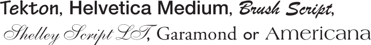 Tekton, Helvetica Medium, Brush Script, Shelley Script LT, Garamond or Americana